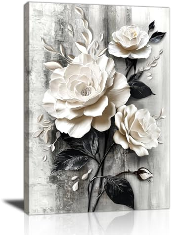 Black White Rose Flowers Canvas Wall Art Grey White Floral Wall Decor Picture White Blooming Flowers Poster Print Painting for Bathroom Office Living Room Bedroom Home Decorate Ready To Hang 40X60cm