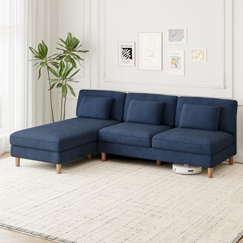 Vesgantti 249cm L Shaped Sofa,3 Seater Sofa&Chaise Lounge,Tool Free Setup | Corduroy Corner Couch with 3 Extra Pillows, Perfect for Living Room, Bedroom, Office, Blue