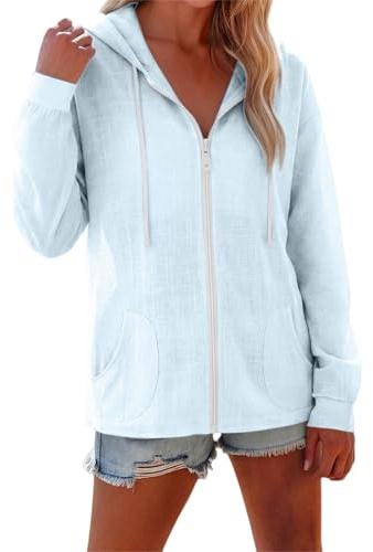 Surchemise Femme à Capuche Chemise en Coton Lin Manches Longues Veste Légère à Capuche Femme Zippée Gilet avec Poches Haut Été Plage Sport Casual Décontracté