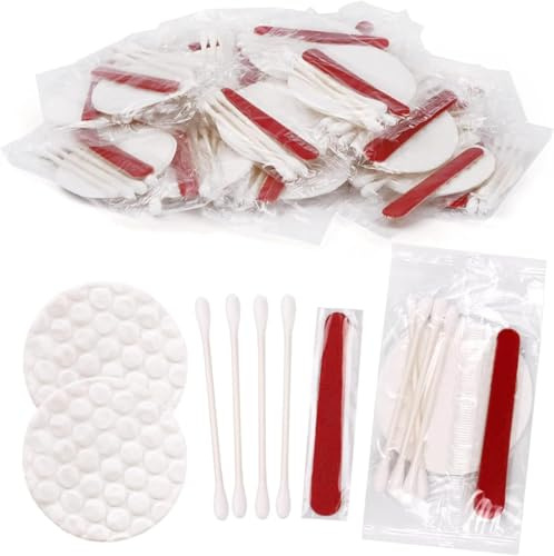 Lot de 100 coiffeuses d'hôtel emballées individuellement kit d'hygiène jetable avec tampons en coton cotons-tiges lime à ongles pour maquillage de motels Maison ensemble d'accueil d'hôtel (100PCS)