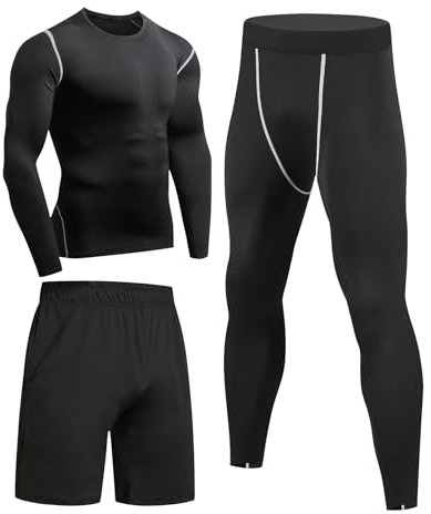 Niksa 3-delat set av fitness- och gymkläder för män, sportkläder, träningskläder, aktivitetskläder, undre lager, tröjor+ löst sittande shorts + kompressionsbyxor för träning och löpning, Svart långärmad, XXL