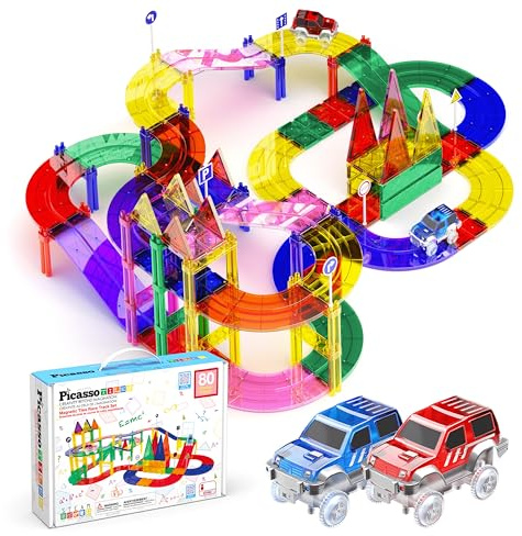 PicassoTiles Juego de 80 Piezas de Carreras de Coches Pista de construcción Bloque Educativo Juego de Juguetes magnéticos Azulejos imán DIY Playset 2