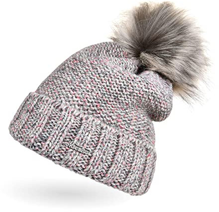 Neverless® Strickmütze Damen Wintermütze Bommelmütze Trendfarben Melange gefüttert Fleece-Innenfutter Bommel grau-rosa Unisize