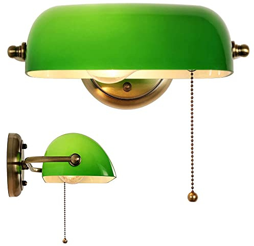 somesino Traditional Banker Wall Lamp Green Banker Light Retro Reading Lamp with Pull-Wire Switch Adjustable Lampshade, Hotel Room Antique -Metal-Bedside (Green Antique)