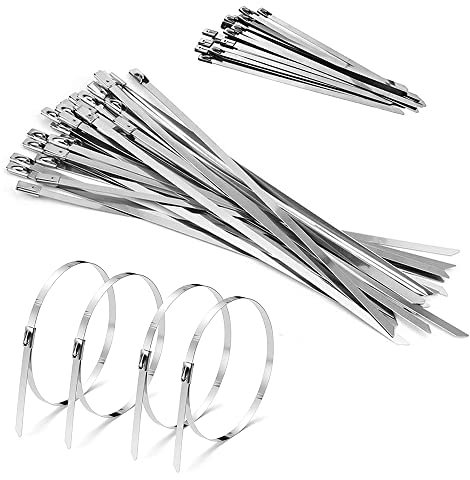 GLWD Kabelbinder Set, Länge 150mm und 250mm Selbstsichernde Edelstahlkabelbinder, für Ordnung von Kabeln, Werkstatt, Gartenpflege, Befestigt Zaun, Breite 4,6mm, 100 Stück, Silber, SST-1226