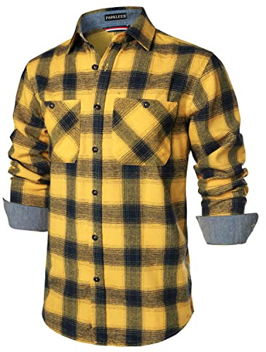 PARKLEES Chemises en polaire à carreaux classiques élégantes coupe regular fit décontractées manches longues boutonnées avec poche pour homme, jaune, M