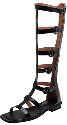 ANUFER Women's Open Toe Adjustable Strappy Sandals Knee High Gladiator Roman Sandals Boots with Zipper Black SN0702131 US8