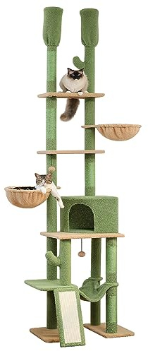 PETEPELA Kaktus klösträd takhögt katttorn med stor Condo justerbar höjd 216 cm–285 cm, 5 nivåer kattaktivitetscentrum med mysig hängmatta, plattformar och dansbollar, grön