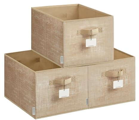 SONGMICS Collapsible Storage Boxes, Set of 3 Fabric Storage Baskets, 40 x 30 x 24 cm, Wardrobe Storage Organisers, 2 Handles, Label Holders, for Bedroom, Living Room, Sand Beige ROB440K01