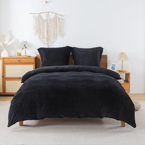RongRongIN Flauschige Bettwäsche 135x200 cm Schwarz – Herbst Winter Biber Warm Bettbezug Fleece mit 1 Kissenbezug 80x80 cm, Weich Kuschelig Flanell Bettwäsche-Set mit Reißverschluss für Einzelbett