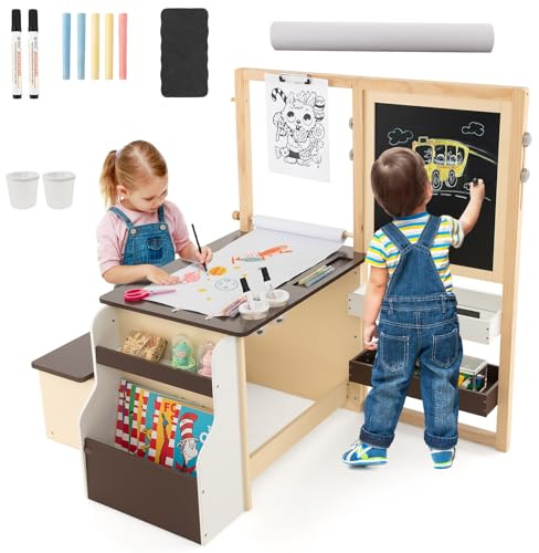 LIFEZEAL Tavolino Bambini, in Legno, con Panca, Lavagna, Cavalletto, Scaffale per Giocattoli, Libreria, Porta Rotolo di Carta, Tavolo Bambini da Cameretta, Set per Bimbi 3+Anni (caffè)