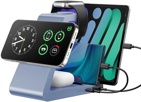 Estación de carga para iPhone, 5 en 1, soporte de carga inalámbrico para Apple: estación de carga Mag-Safe para múltiples dispositivos Apple iPhone 16 15 14 13 12 Pro Max Plus iWatch (Wathet)