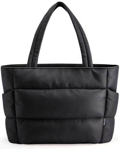 HOTOR Puffer Tote Bag for Women, Nurses - Multi-Pocket Lightweight Bag for Work - Quilted Handbag for Travel and Gym, Black, 18.1 x 6.3 x 11.8