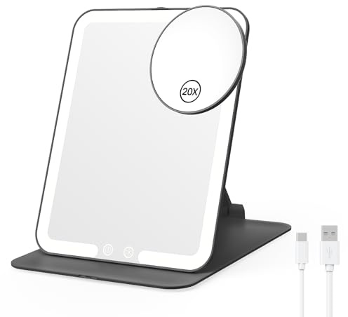 Benbilry Foldable Travel Makeup Mirror with Lights and 20X Magnification, Rechargeable Tabletop LED Vanity Mirror with Adjustable Stand, 3-Colored Dimmable Lighting, Portable Cosmetic Mirror, Black