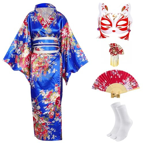 CRFASIBE 5 Pezzi Kimono Donna Giapponese, Tradizionale Vestito Geisha Yukata Abito, Set di Costumi Cosplay con Accessori Ventaglio Pieghevole, Maschera, Calze e Spilla per Capelli(Blu)