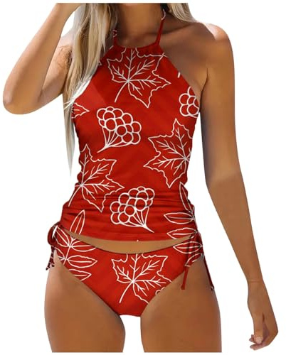 Tankini Femme Ventre Mode Imprimé Plage Maillots de Bain Dos Nu Tops Slip Maillot de Bain Style Resort Natation Respirant Maillot de Bain Femmes Mode Slim Bikinis 2 Pièces, Rouge-f, S