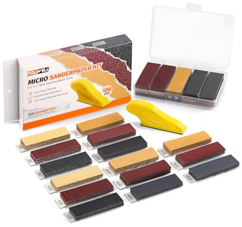 POLIWELL 120pcs Micro Detail SanderPaper Kit with Storage Box,3.5” x 1” Hand Sanding Block for Small Projects,3-in-1 Sand Paper Kit,80-600 Grit Sandpaper Assortment Pack for Wood Tight Narrow Spaces