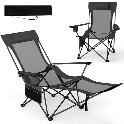 COSTWAY Campingstol med avtagbart fotstöd, vikbar fiskstol med justerbart ryggstöd, nackstöd, mugghållare och sidoficka, fällstol, vikstol för camping, fiske (grå)
