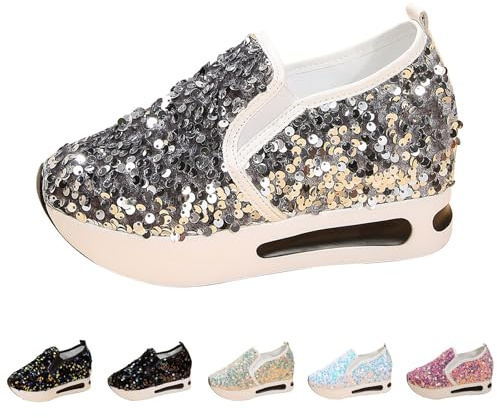 Chaussures De Sport Femme sans Lacets Baskets De Marche Paillettes Scintillantes Respirantes Antidérapant Compensés Sneakers Plateforme Tendances