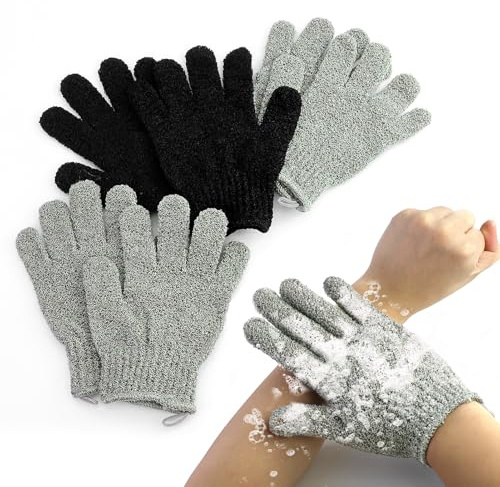 Set di 6 guanti scrub esfolianti per corpo e viso, guanti da bagno, guanti esfolianti da donna, per doccia, spa e massaggi (grigio, nero)