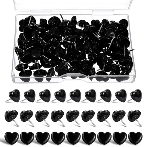 100 Stück Herz Reißzwecken Schwarz Pinnadeln, Dekorative Reißnägel Mit Stahlspitze, Kunststoff Bildernägel Mit Aufbewahrungsbox für Korktafeln, Pinnwände, Fotowände und Schulbedarf für zu Hause