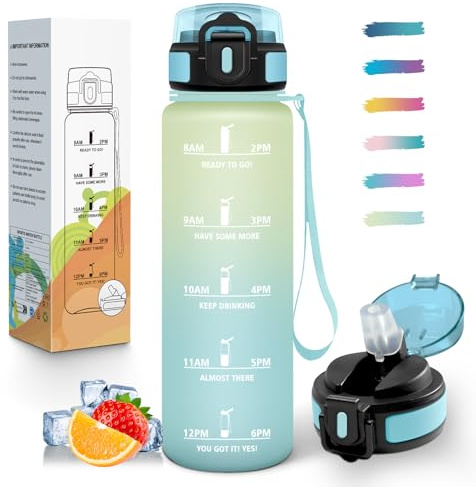 Mulbijeo Borraccia 1 Litro, Libre de BPA & A Prova di Perdita, Borraccia con Cannuccia, Reutilizables, Borracce Motivazionale, Portatile, Borracce Palestra per Scuola, Palestra, Ufficio, Festa