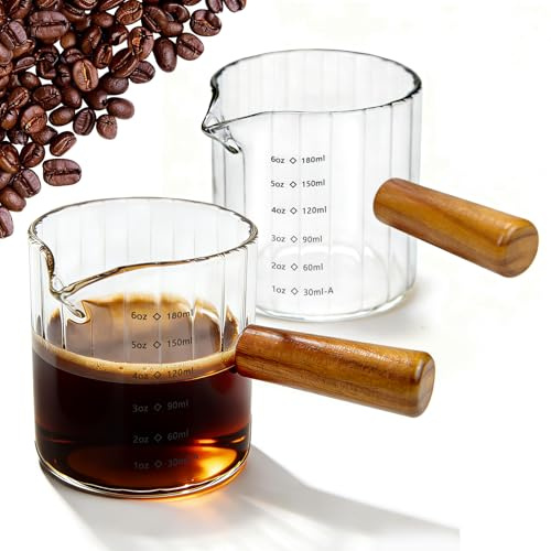 Anhow Espressokopp med trähandtag, set om 2, 180 ml mätkopp klarglas med V-formad mun för kaffe, mjölk, borosilikatglas mätkopp med skala, espressotillbehör perfekt för hem, kontor och café