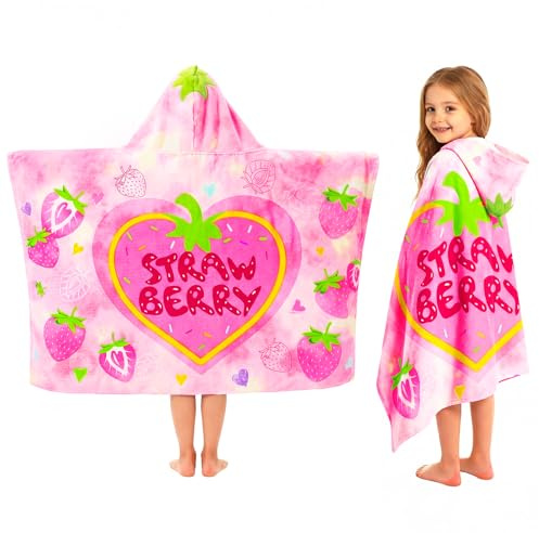 PinkSheep Toallas con capucha para niñas, toallas de natación 100% algodón para niños, 75 x 127 cm, toalla de playa para piscina, baño, natación, niñas de 3 a 6 años (fresa)