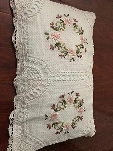 AMT Handmade Crochet Lace with Embroidered Floral Ribbon Pillow Cover/Cushion Cover - 20X30 (51cmx76cm) : Oblong Beige