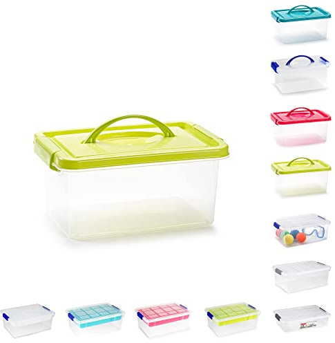 Plastic Storage Box Lightweight Robust Stackable Storage Boxes with Lid, Clear Latch Boxes, Plastic Organiser, Space Saving Solution for Home Office (4L - Green Lid Storage Box with Handle)