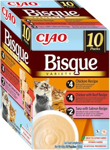 INABA CIAO Kyckling- och tonfiskbisque med lax, fuktig kattmat - utsökt grädde - 10 kuvert x 40 g - kompletterande kattmat utan konserveringsmedel eller konstgjorda färgämnen, Grain-Free