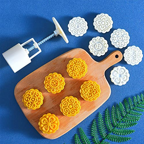 Mooncake Mould Press 50g mit 6 Briefmarken, Mondkuchenform Presse Keksstempeln Kuchenpresse Runde Blumen Dekoration Werkzeuge für Backen DIY Cookie, Kuchen, Keksen, Dessert, Weiß