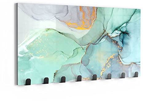 DEQORI Wandgarderobe Glas & Metall | Motiv Zerlaufene Wasserfarbe | 60x30 cm | Design Haken-Leiste modern | Garderoben-Paneel für Flur, Wohnzimmer & Schlafzimmer | magnetisch & beschreibbar