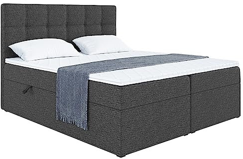 MEBLINI Boxspringbett mit Bettkasten - Gepolstert Doppelbett mit Matratze und Topper - Polsterbett mit Stauraum - Bett mit Kopfteil - Stauraumbett - NILS - 180x200 - H4/Dunkelgrau Webstoff