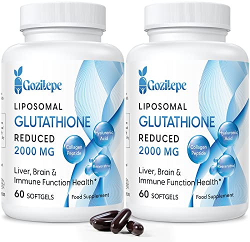 Liposomal Glutation Reducerad 2000mg per portion | Glutationtillskott med Hyaluronsyra + Kollagenpeptid + Resveratrol för Kraftfull Antioxidant (60 Count (Pack of 2))