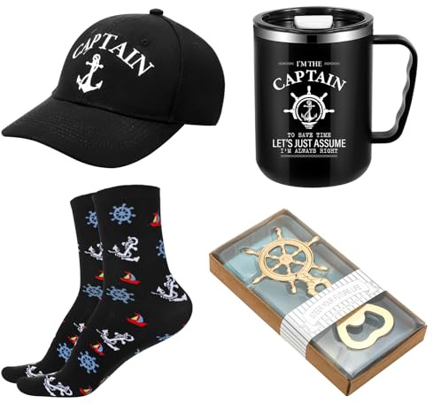 Didaey 4 Pcs Boating Gifts for Men Boat Captain Cap Captain's Hat Stainless Steel I'm Captain Tumbler Cups Rudder Nautical Beer Opener and Boats Socks Summer Father's Day Gifts for Boaters(Black)