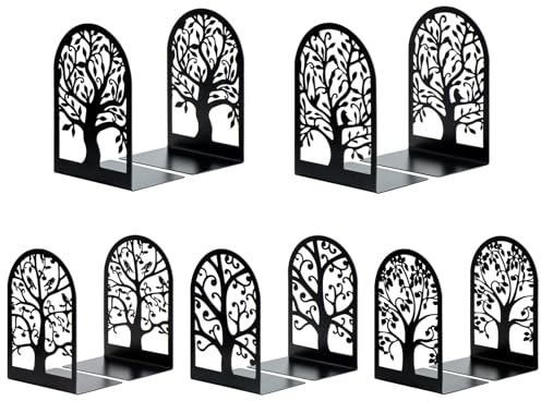 HappyHapi Book Ends, Metal Bookends for Shelves, Modern Tree Book Ends Decorative, Heavy Duty Book Holders Book Stoppers for Home Office Decor, 6.9x4.7x3.5 (5 Pairs/10 Pcs)