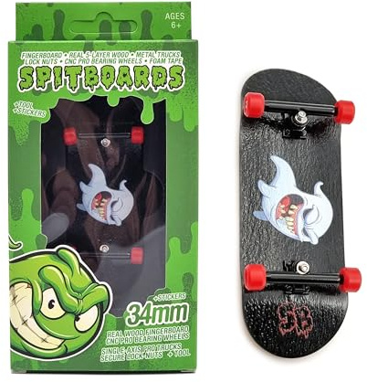 SPITBOARDS Ghost 'Boo' - Tastiera professionale da 34 mm x 96 mm (completa), tavola in vero legno, Pro Trucks con dadi di bloccaggio e boccole, ruote in poliuretano professionali