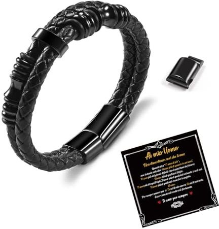 SUNSH Bracciale Uomo -Idee Regalo Uomo- Bracciale in Pelle in Acciaio Inox Regali per Uomo Regali per Lui Regalo Uomo Bracciale Uomo Pelle Gioielli Uomo Regalo Di Compleanno Di San Valentino