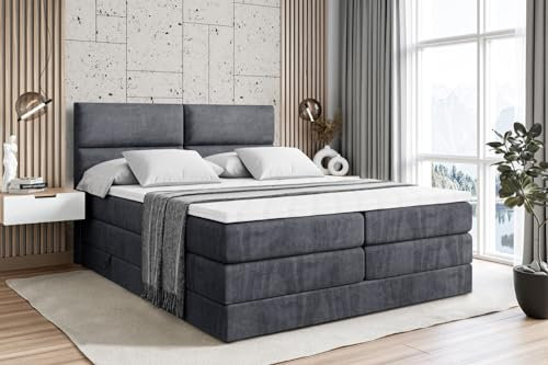 ALTDECOR Boxspringbett mit Matratze und Lattenrost, Topper, Polsterbett mit Bettkasten, Bett mit Stauraum H3- und H4- Matratze, Doppelbett, Springboxbett - BOXI3 King - 180x200 - Dunkelgrau Samt