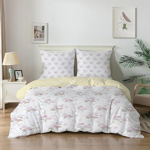 Parure de lit 90x190 Enfant Blanc Feuilles Floral Rose Housse de Couette 1 Personne Imprimée Simple et Élégant Housse Couette en Microfibre et Taie d'oreiller 65x65 cm avec Fermeture Éclair