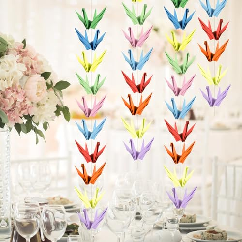 QXUJI 3 Strings Colorful Paper Crane Hanging Garlands, Origami Birds Streamers Garland Banner, for Bridal Shower, Baby Shower, Birthday Party Supplies, Weddings, Ceiling Decor, 3 Sizes