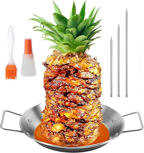 Lunayuomi® Stainless Steel Kebab Plate and Skewer, BBQ Vertical Skewer Grill with 3 Replacement Spikes, Brazilian Barbecue Grilling Rack Meat Spit with Drip Tray for Whole Chicken Fish Sausage Steak