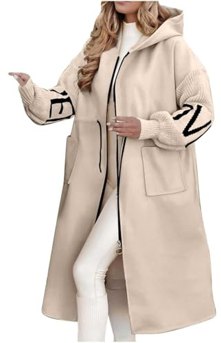 Vhersily Manteau Long Femme à Manches Tricot Automne et Hiver à Capuche Chaude Veste Veste Cardigan avec Poches, Couleur Unie, Classique Hiver Coupe-Vent Imperméable Vestes Parka Veste, beige, XL