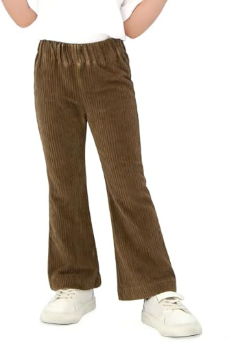 Miipat Flickors manchesterbyxor med utsvängda strumpor, vintage byxor med långa elefantben med elastisk midja, casual, enfärgad för barn, Brun grön, 3-4 �r