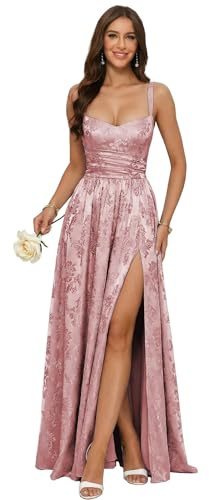 OEUVIGF Jacquard Satin Dusty Rose Prom Dress 2026 V Neck Corset Long Spaghetti Straps A Line Prom Gowns 6 Dusty Rose