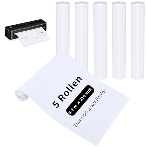 5 rollos de papel térmico A4, 8,7 m x 30 mm, papel térmico para impresora portátil, papel térmico para archivos, documentos, fotos