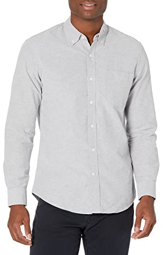 Amazon Essentials Camisa Oxford Ajustada de Manga Larga con Bolsillo Hombre, Gris, S