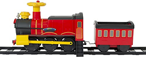 Rollplay Elektro Zug Steam Train mit Anhänger (Kinderfahrzeug zum draufsitzen, Eisenbahn stößt Wasserdampf aus, Dampflok inkl. Schienen-Set Länge 7,3 m, für Kinder) 26311