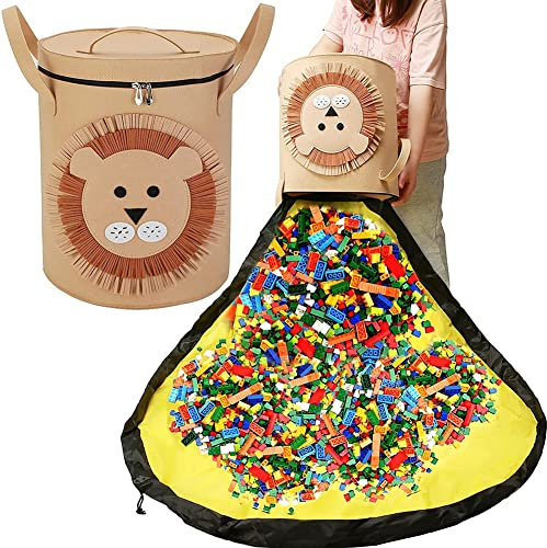 Custodia per Giocattoli, Sacco Portagiochi con Tappetino da Gioco per Bambini, 2 in 1Cesto Portaoggetti Portatile, Pieghevole Toy Coulisse Organizer, Borsa Portaoggetti In Feltro(Elephant) (Lion)